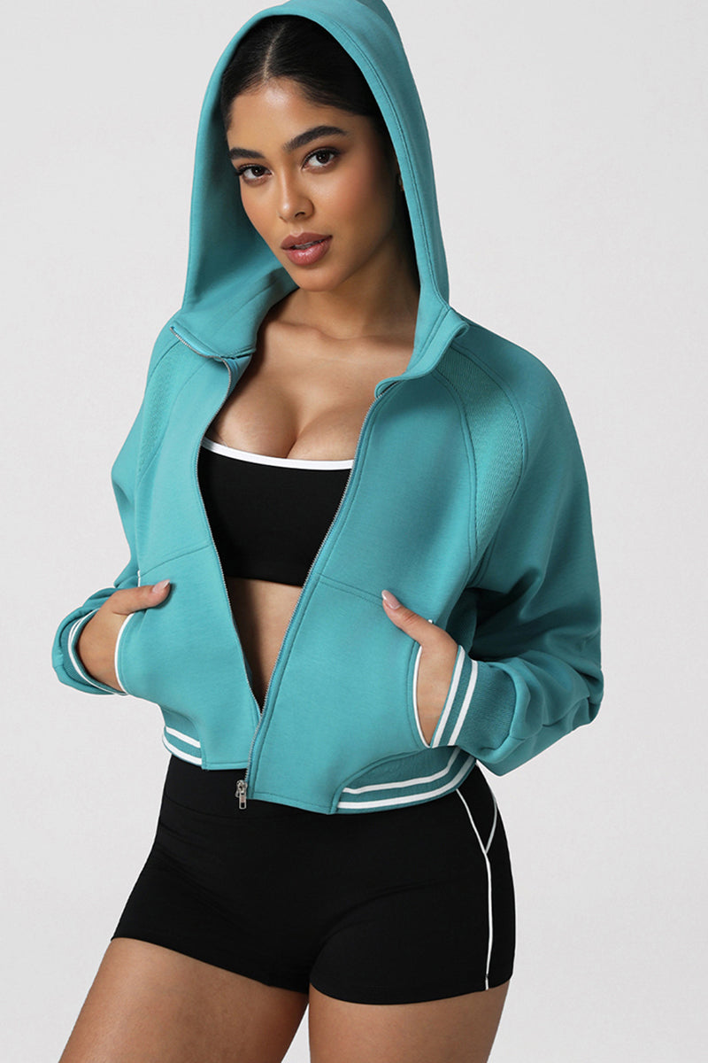 Women Contrast Trim Hooded Zip-Front Sport Jacket