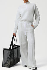 Women Casual Sporty Set: Half Zip Pullover + Wide Leg Pants