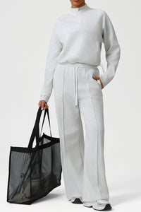 Women Casual Sporty Set: Half Zip Pullover + Wide Leg Pants