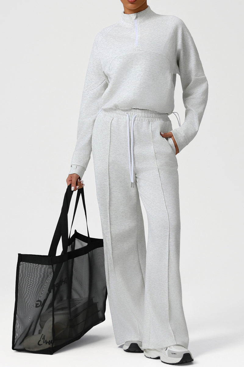 Women Casual Sporty Set: Half Zip Pullover + Wide Leg Pants