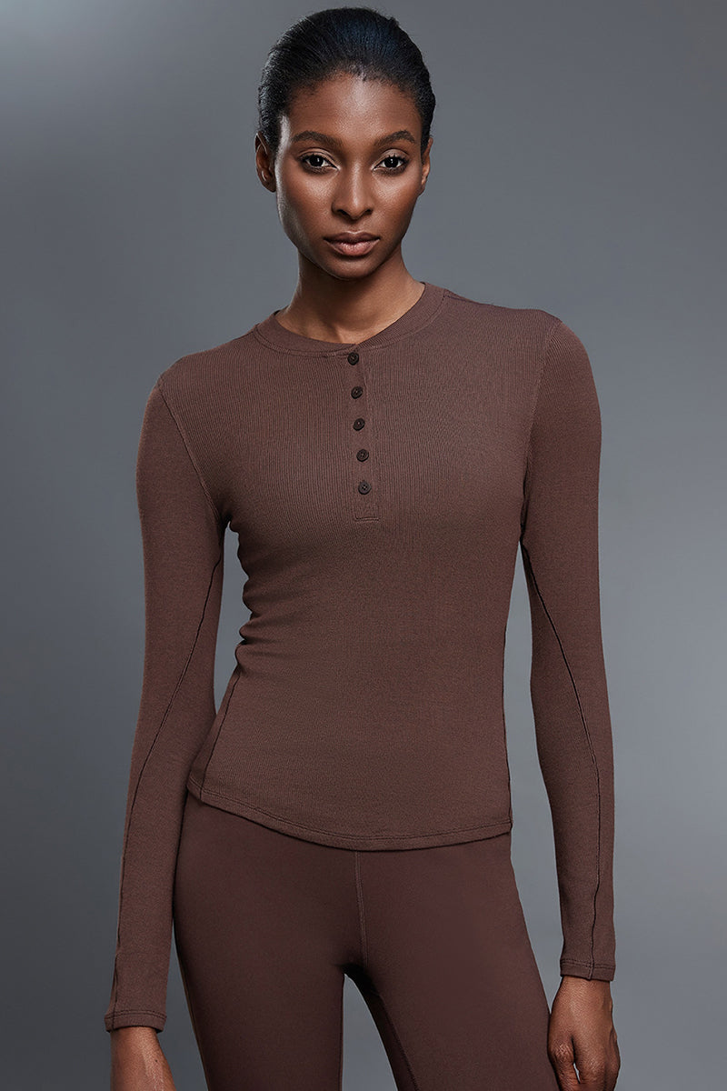 Women Henley-Collar Modal Comfort-Fit Yoga Long Sleeve Tee
