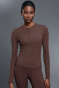Women Henley-Collar Modal Comfort-Fit Yoga Long Sleeve Tee