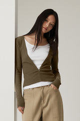 Women V-Neck Tencel-Wool Soft Stretch Relaxed-Fit Long-Sleeve Knit Top