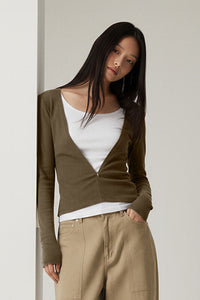 Women V-Neck Tencel-Wool Soft Stretch Relaxed-Fit Long-Sleeve Knit Top