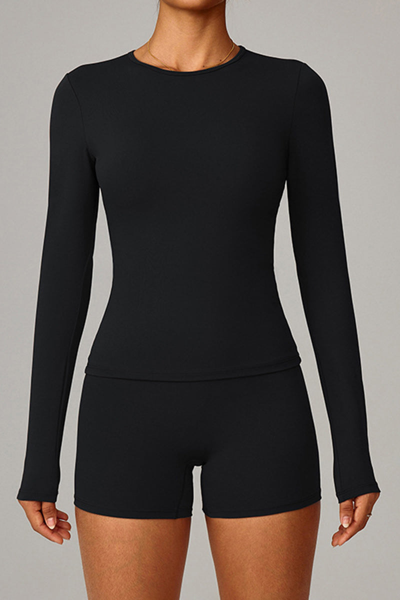 Women Brushed Round Neck Slim Fit Workout Long Sleeve Top