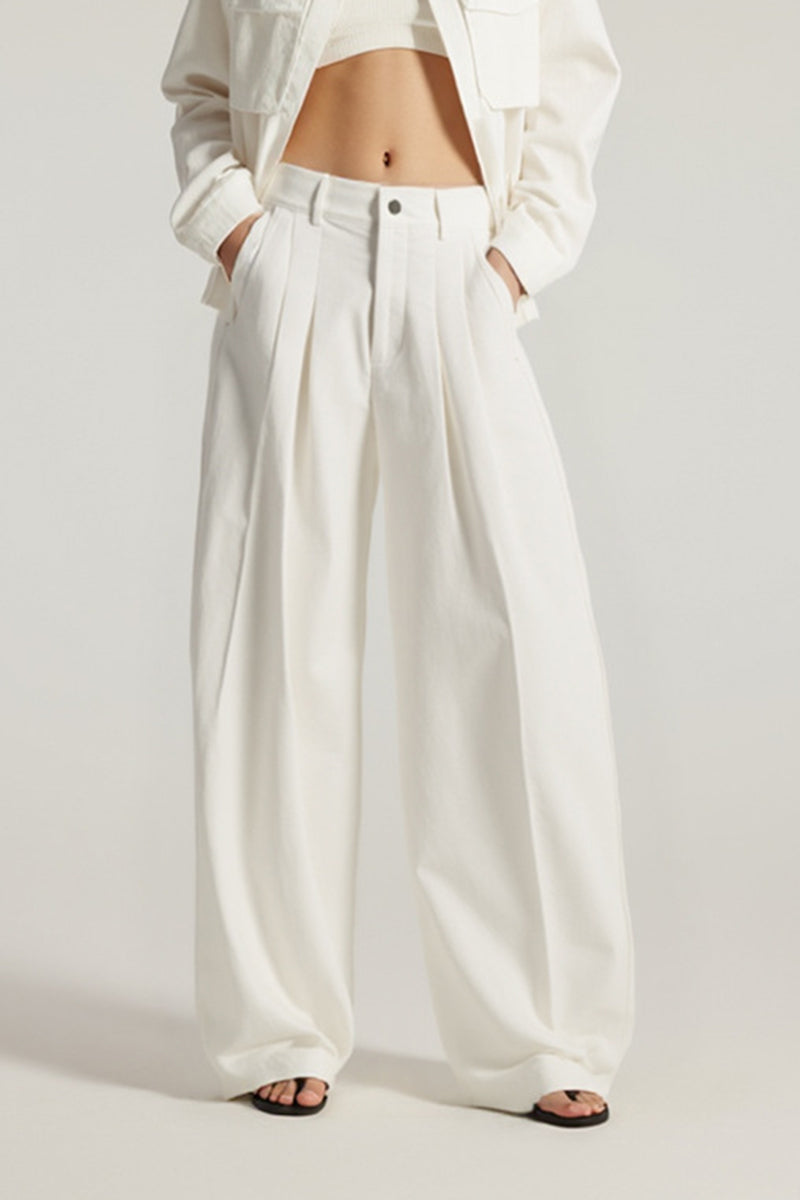 Women High-Waisted Wide-Leg Pleated Trousers - British Twill Cotton