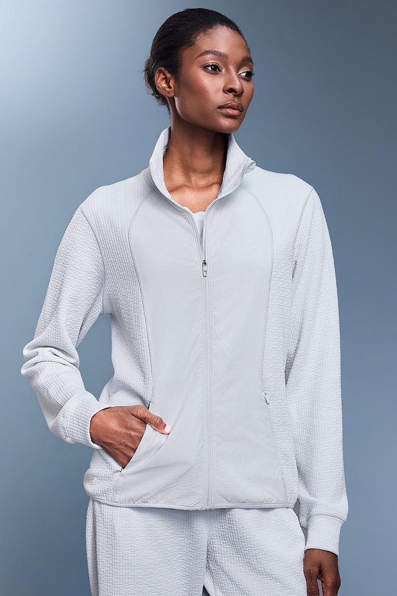 Women Waffle Knit Stand Collar Slim Fit Zip Up Athletic Jacket