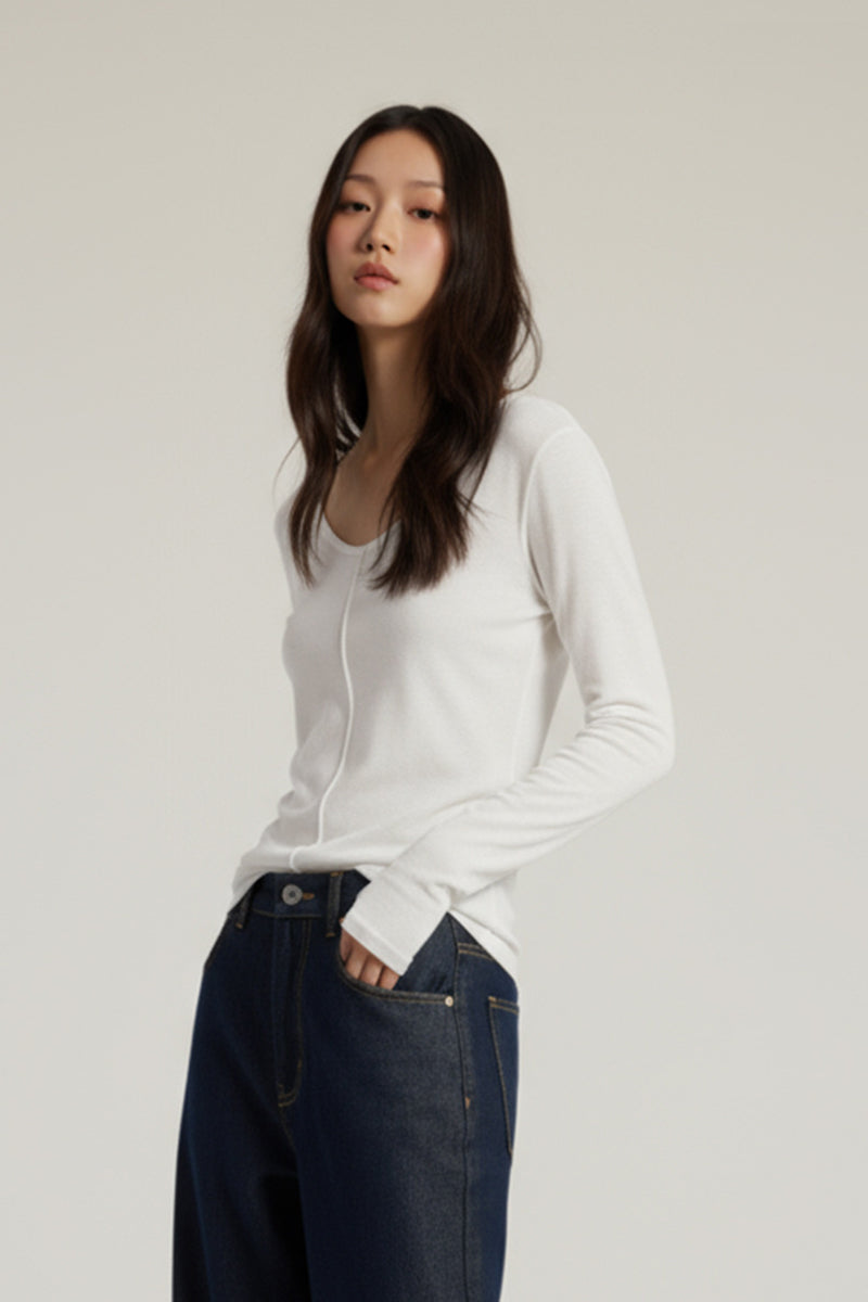 Women V-Neck Tencel-Wool Soft Stretch Relaxed-Fit Long-Sleeve T-Shirt