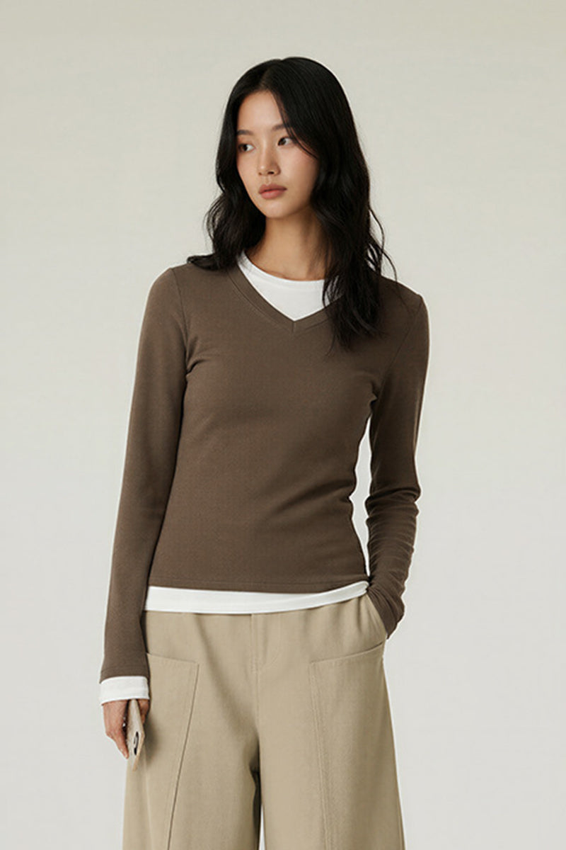 Women V-Neck Layered Slim-Fit Cashmere-Touch Long-Sleeve Knit Top