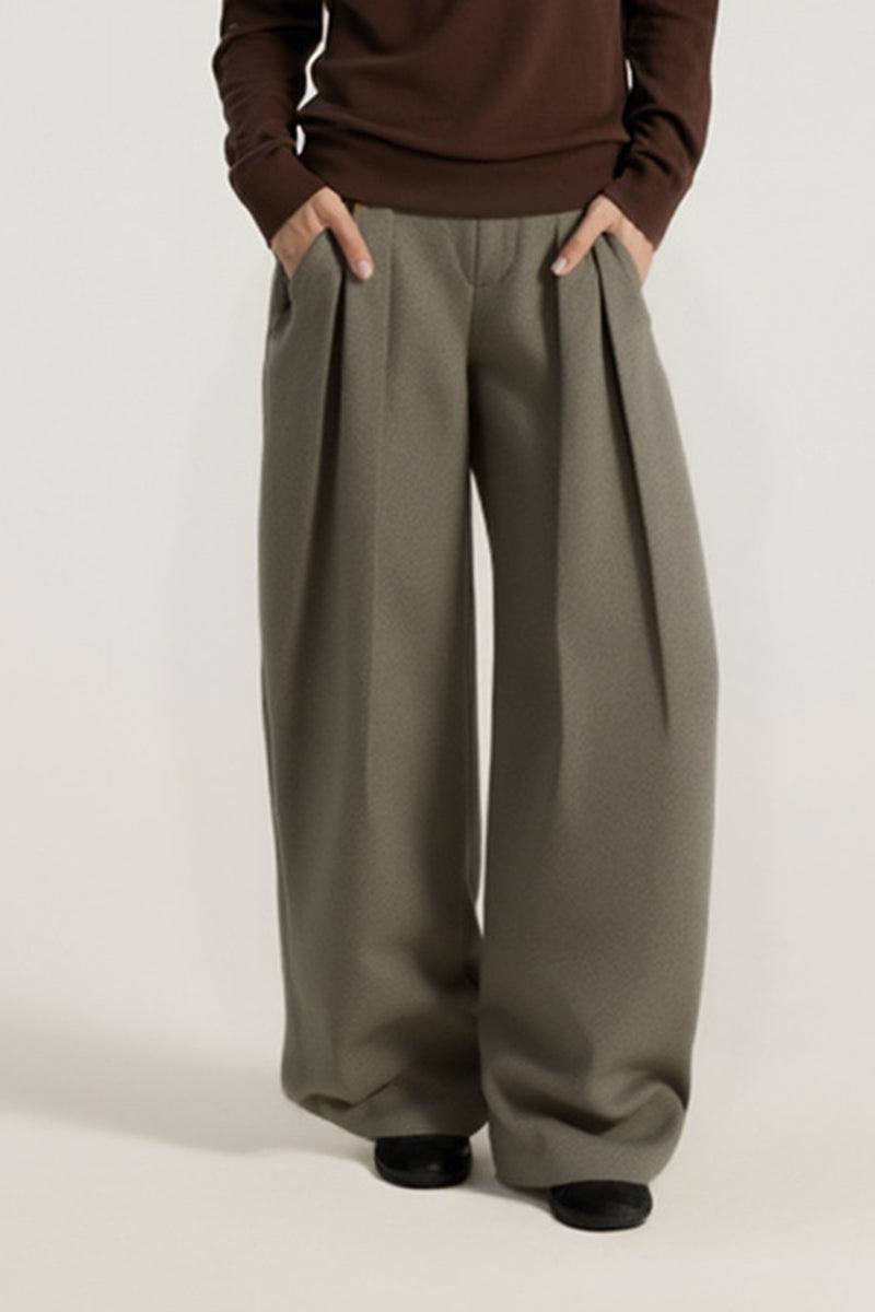 Women Mid-Low Waist Wide-Leg Pleated Trousers - Textured Polyester Blend