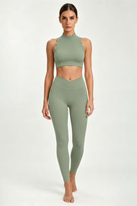 Women's Scallop-Edge High-Neck Top And Leggings Sports Set
