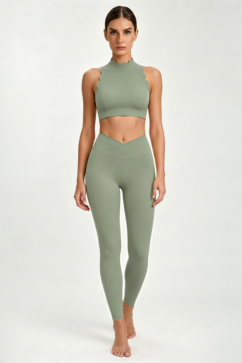 Women's Scallop-Edge High-Neck Top And Leggings Sports Set
