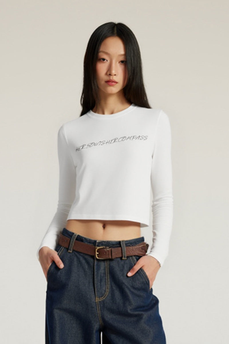 Women Round-Neck Modal-Blend Slim-Fit Printed Short Long-Sleeve Top