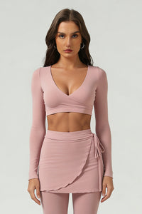Women's Cross V-Neck Long Sleeve Side Tie Yoga Set - Solid