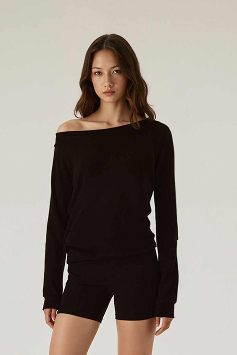 Women Off-Shoulder Relaxed Fit Slim Waist Long Sleeve T-Shirt