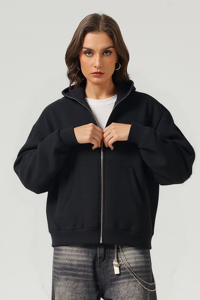 Unisex Punk Boxy Cropped Fleece Zip Hoodie