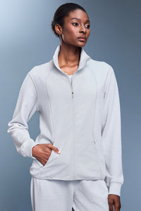 Women Waffle Knit Stand Collar Slim Fit Zip Up Athletic Jacket