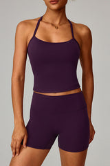 Women Brushed Slim Fit Yoga Set: Square Neck Camisole + High Waist Shorts