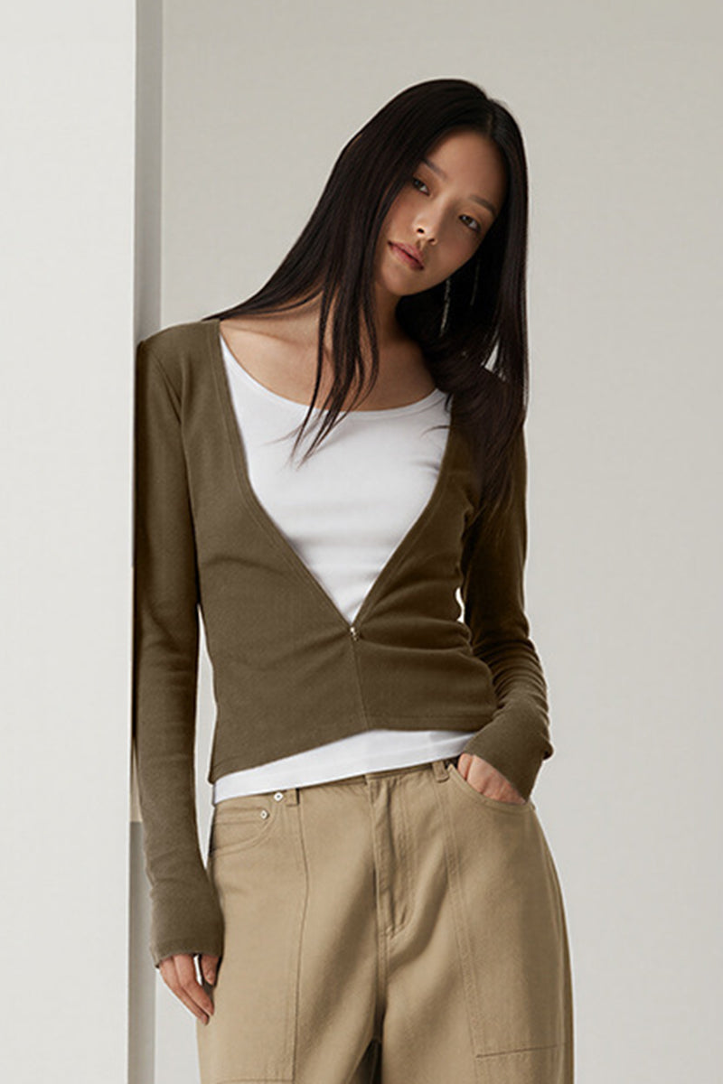Women V-Neck Tencel-Wool Soft Stretch Relaxed-Fit Long-Sleeve Knit Top
