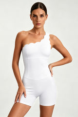 Women's One-Shoulder Scalloped Edge Short Leg Yoga Jumpsuits