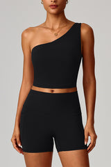 Women Cloud-Feel Quick-Dry Yoga Set: Asymmetric Strap Bra + High-Waist Pocket Shorts
