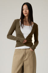 Women V-Neck Tencel-Wool Soft Stretch Relaxed-Fit Long-Sleeve Knit Top