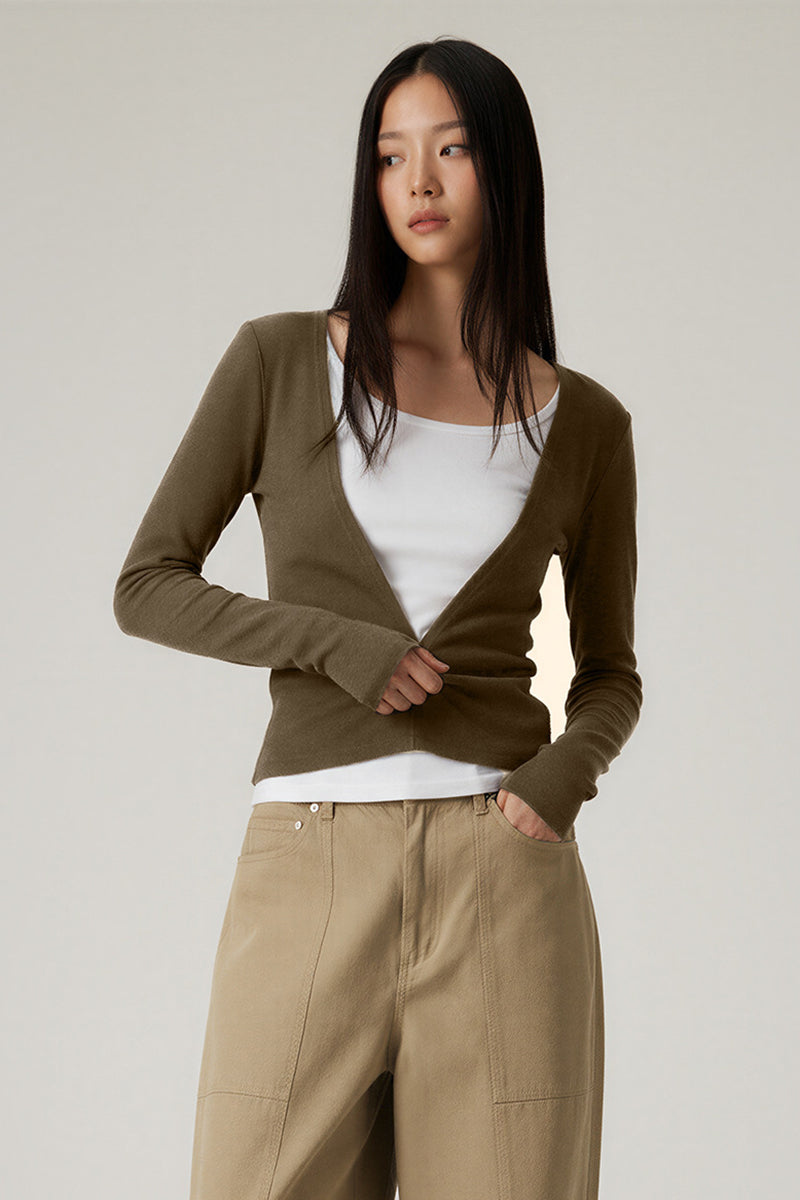 Women V-Neck Tencel-Wool Soft Stretch Relaxed-Fit Long-Sleeve Knit Top