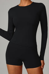 Women Brushed Round Neck Slim Fit Workout Long Sleeve Top