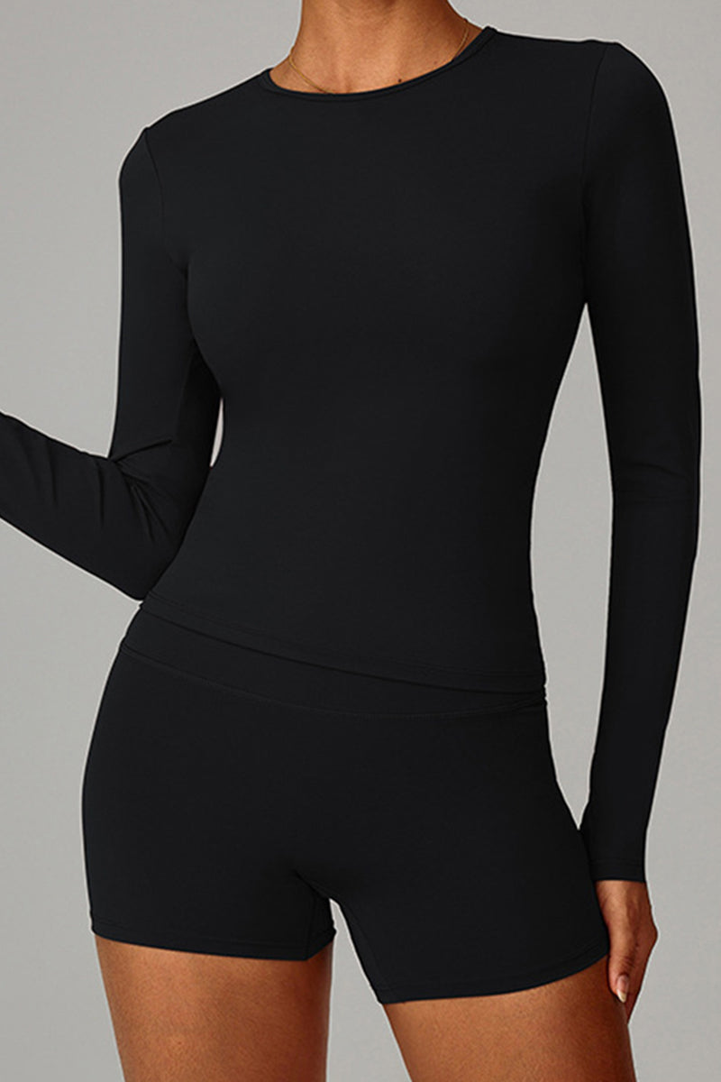 Women Brushed Round Neck Slim Fit Workout Long Sleeve Top
