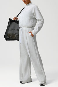 Women Casual Sporty Set: Half Zip Pullover + Wide Leg Pants