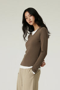 Women V-Neck Layered Slim-Fit Cashmere-Touch Long-Sleeve Knit Top