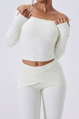 Women Off-Shoulder High-Waist Quick-Dry Yoga Set: Long Sleeve Top + Leggings