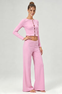 Women's Casual Top And Low-Rise Flowy Wide-Leg Pants Set
