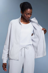 Women Waffle Knit Stand Collar Slim Fit Zip Up Athletic Jacket