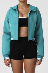 Women Contrast Trim Hooded Zip-Front Sport Jacket