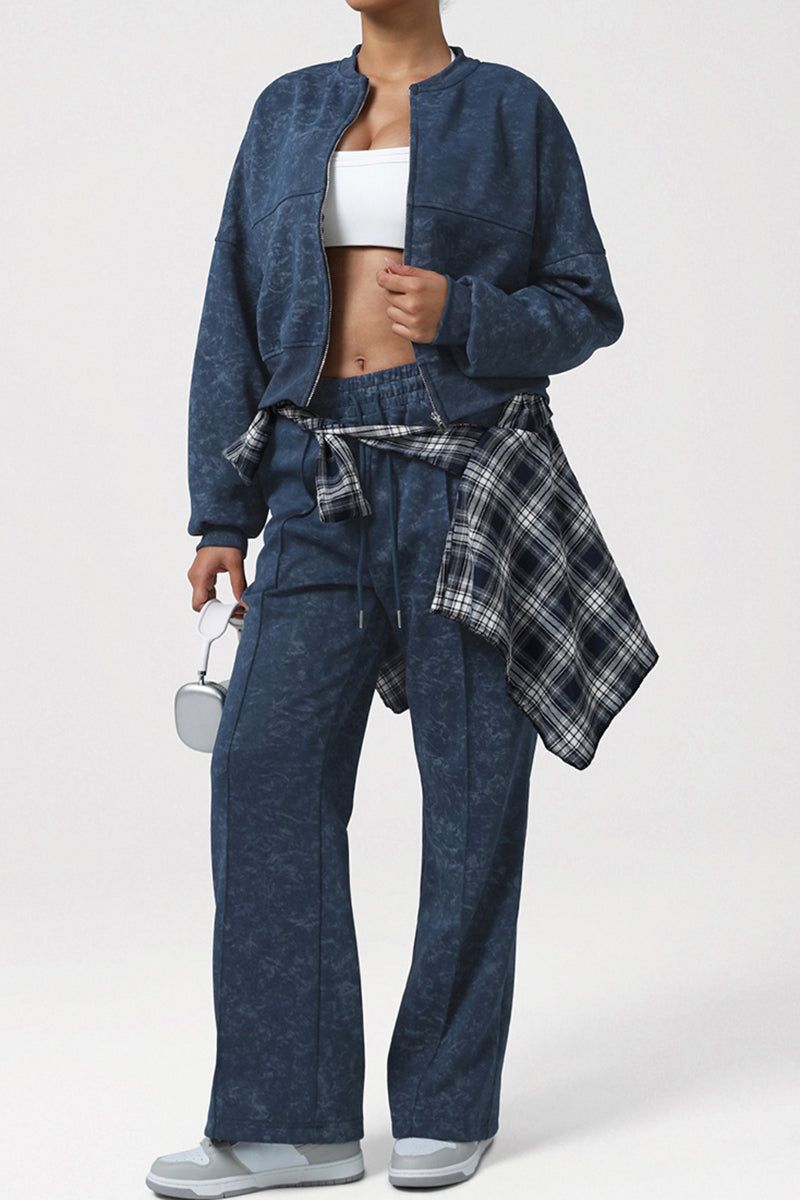 Women Retro Print Sport Set: Stand Collar Zip Jacket + High-Waist Drawstring Pants