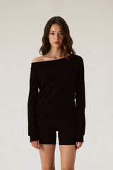 Women Off-Shoulder Relaxed Fit Slim Waist Long Sleeve T-Shirt