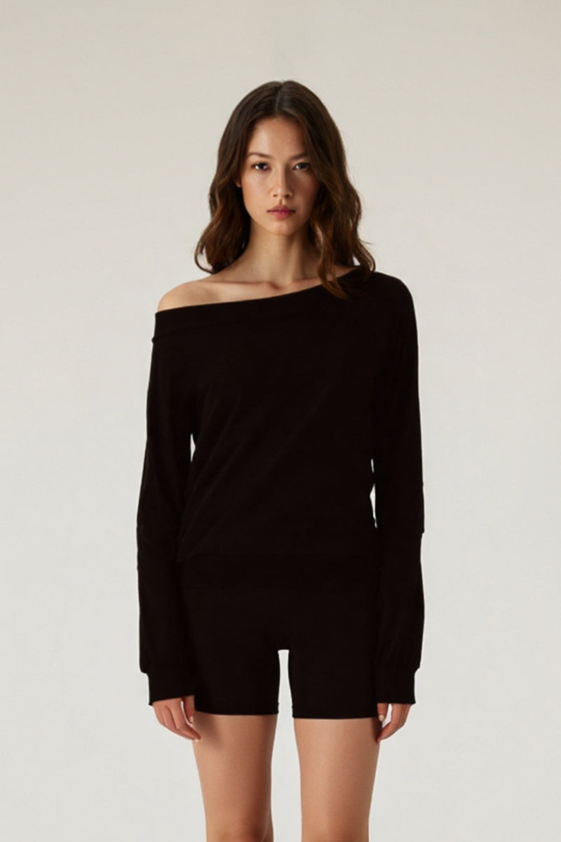 Women Off-Shoulder Relaxed Fit Slim Waist Long Sleeve T-Shirt