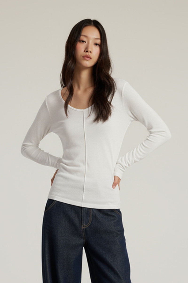 Women V-Neck Tencel-Wool Soft Stretch Relaxed-Fit Long-Sleeve T-Shirt