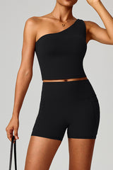 Women Cloud-Feel Quick-Dry Yoga Set: Asymmetric Strap Bra + High-Waist Pocket Shorts