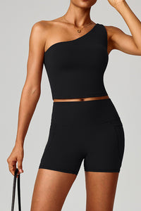 Women Cloud-Feel Quick-Dry Yoga Set: Asymmetric Strap Bra + High-Waist Pocket Shorts
