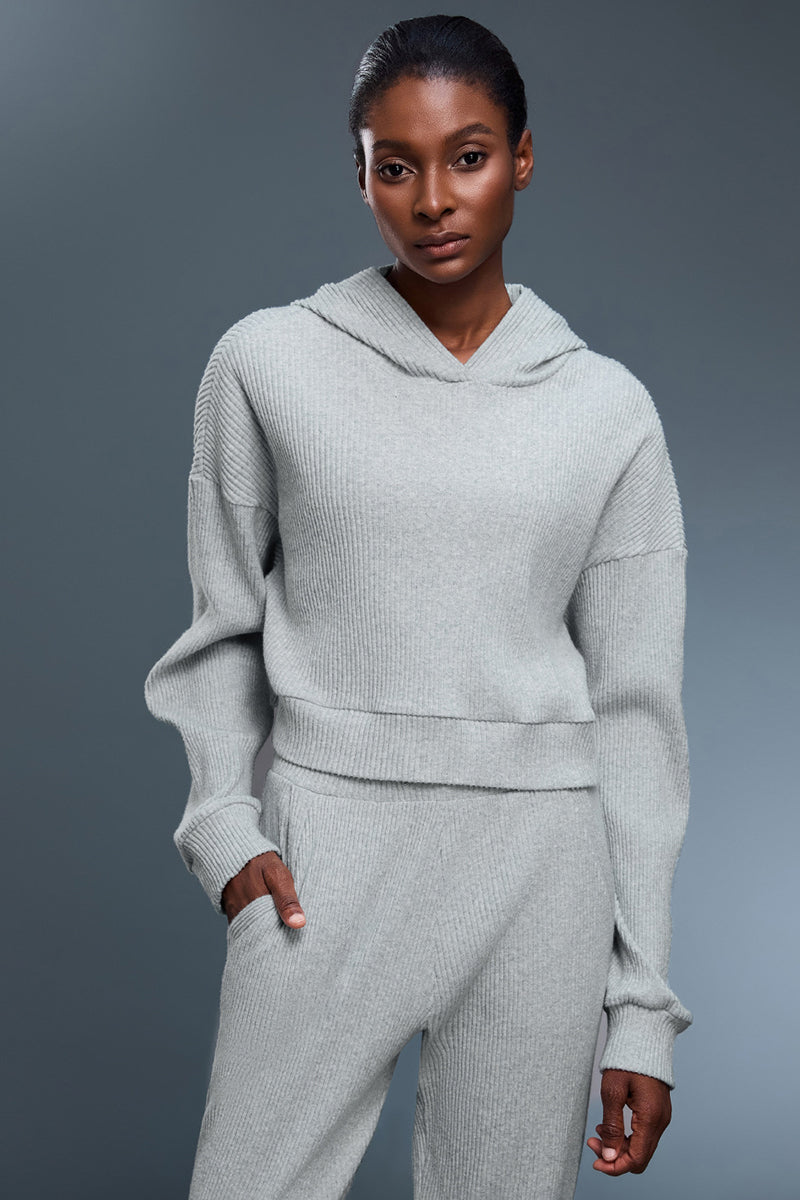 Women Oversized Letter-Striped Knit Hooded Casual Sportswear Sweatshirt