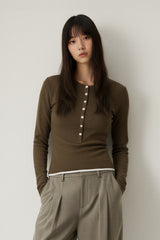 Women Slim Fit Henley Neck Long Sleeve T-Shirt - Tencel? Blend
