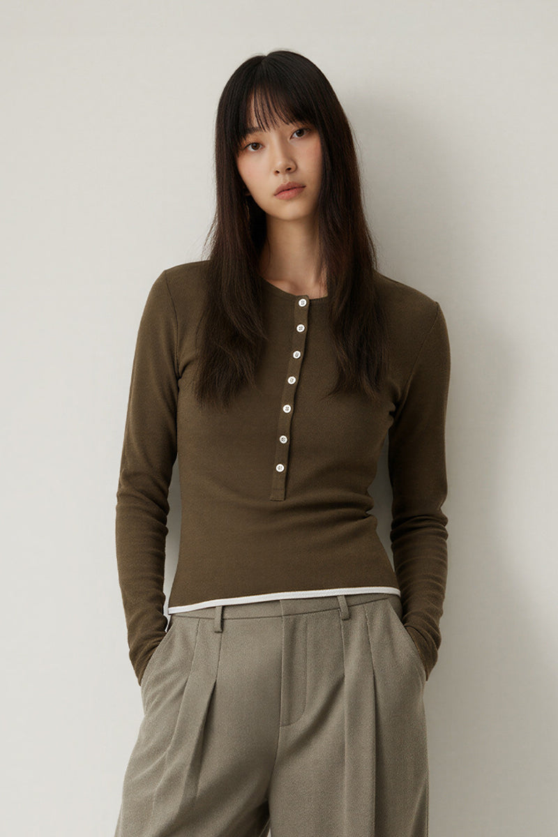 Women Slim Fit Henley Neck Long Sleeve T-Shirt - Tencel? Blend