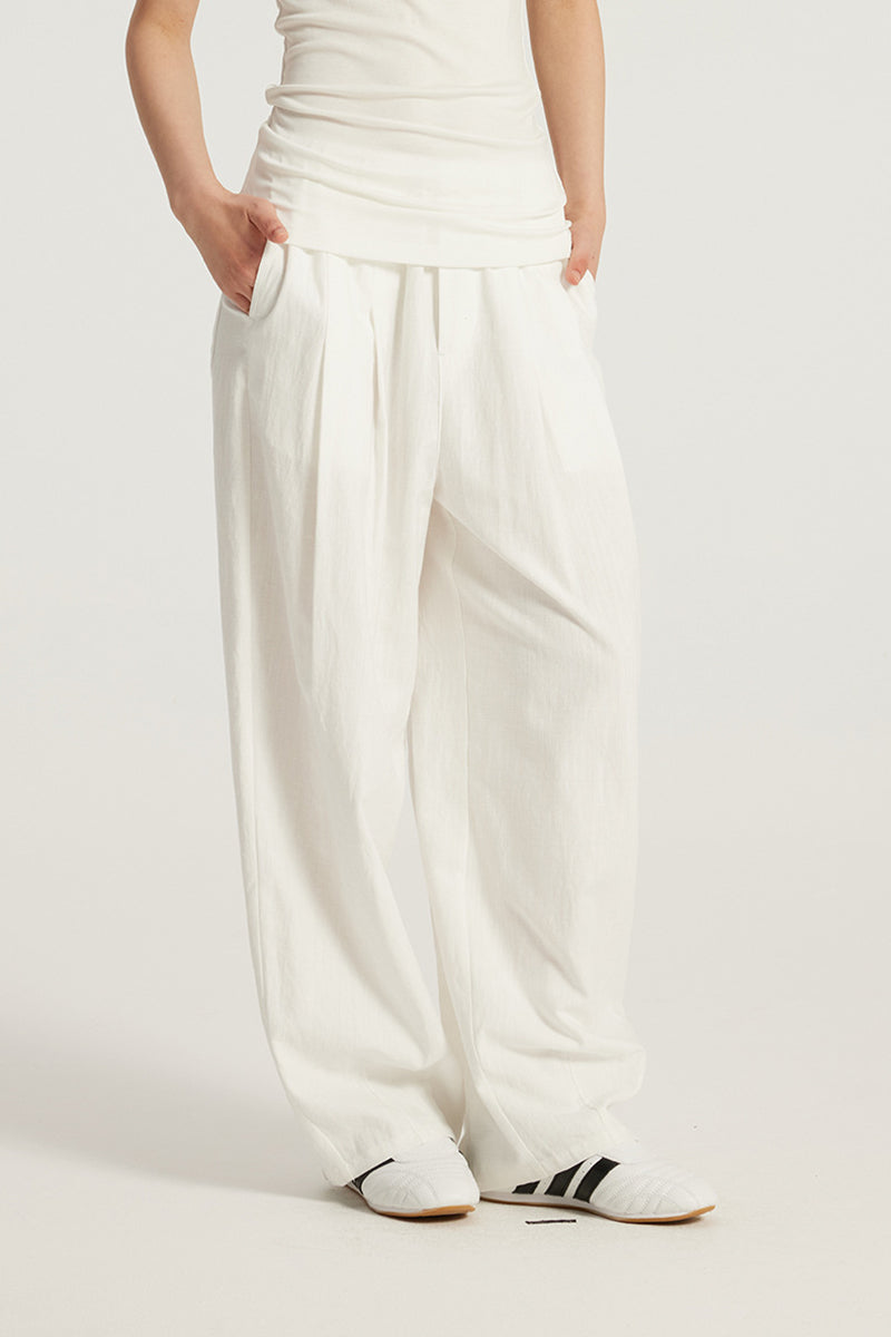 Women Cotton-Blend Relaxed High-Waist Wide-Leg Casual Pants