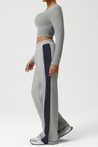 Women Color-Block Ribbed Lounge Set: Cropped Long-Sleeve Top + High-Waist Wide-Leg Pants