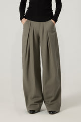 Women Mid-Low Waist Wide-Leg Pleated Trousers - Textured Polyester Blend