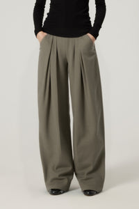 Women Mid-Low Waist Wide-Leg Pleated Trousers - Textured Polyester Blend