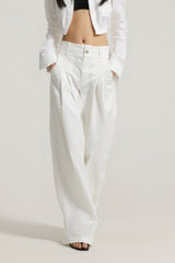Women High-Waisted Wide-Leg Pleated Trousers - British Twill Cotton