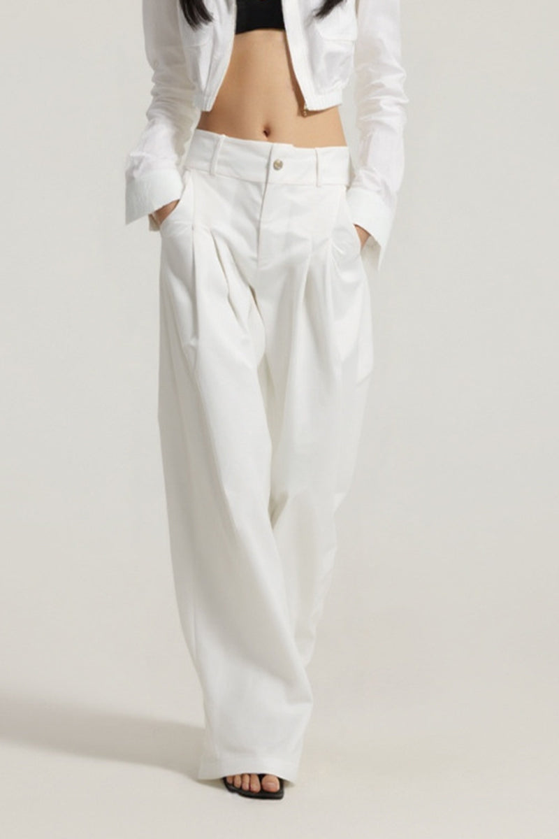 Women High-Waisted Wide-Leg Pleated Trousers - British Twill Cotton